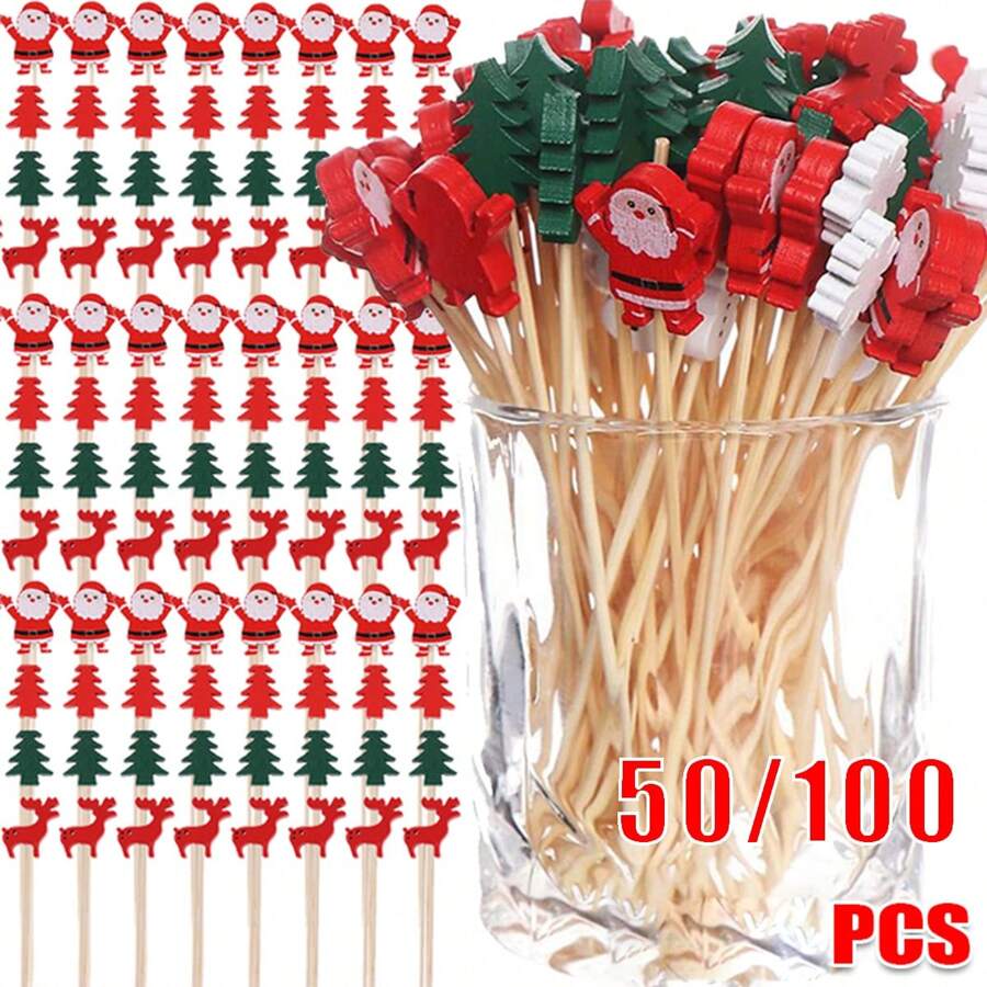 100/50 件装一次性圣诞竹签创意圣诞老人圣诞树装饰水果牙签适用于蛋糕甜点沙拉派对装饰 - 樹綠 - 查看 1
