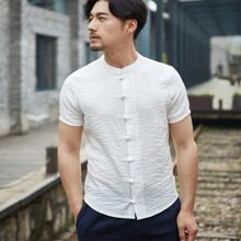 Mandarin Collar Solid Color Short Sleeve Shirt -Bruce Lee - White - View 3