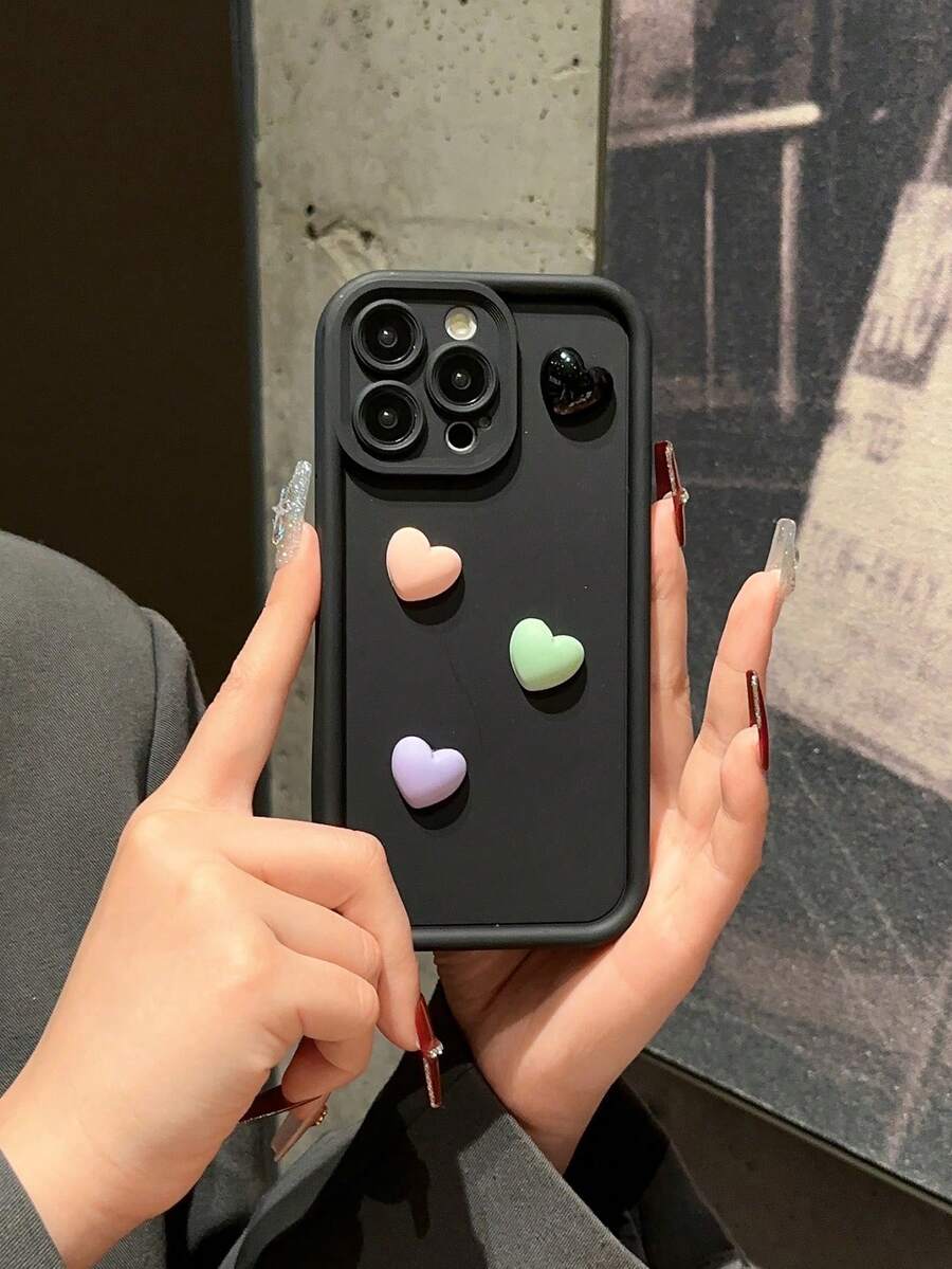 3 chiếc ốp lưng điện thoại viền tròn trang trí hình trái tim tương thích với iPhone - màu đen - Xem 1