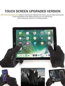 1雙男士深藍色厚編手套,秋冬保暖觸控手套,帶有防滑凝膠印刷適用於騎行 - 藏蓝色 - 查看 2