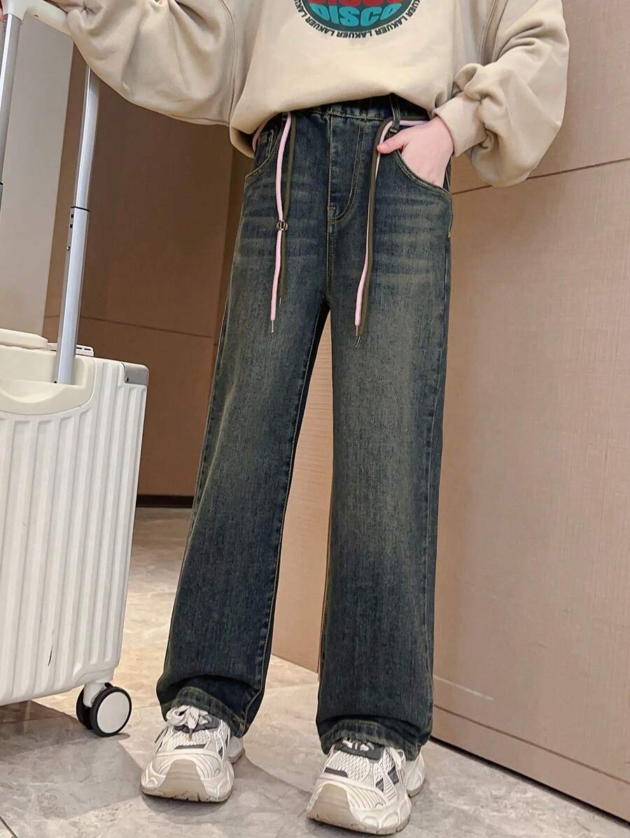 女孩心形口袋寬腿牛仔褲,用於秋冬季(單件) - 藍色 - 查看 1