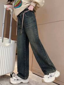 女孩心形口袋寬腿牛仔褲,用於秋冬季(單件) - 藍色 - 查看 3