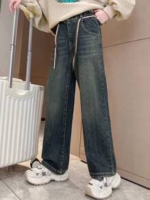 女孩心形口袋寬腿牛仔褲,用於秋冬季(單件) - 藍色 - 查看 2