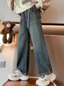 女孩心形口袋寬腿牛仔褲,用於秋冬季(單件) - 藍色 - 查看 5