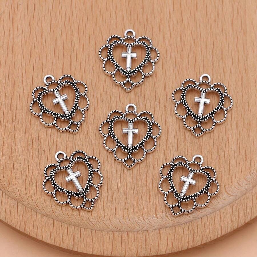 10 件/包款 Diy 古董銀色鏤空十字心型吊墜