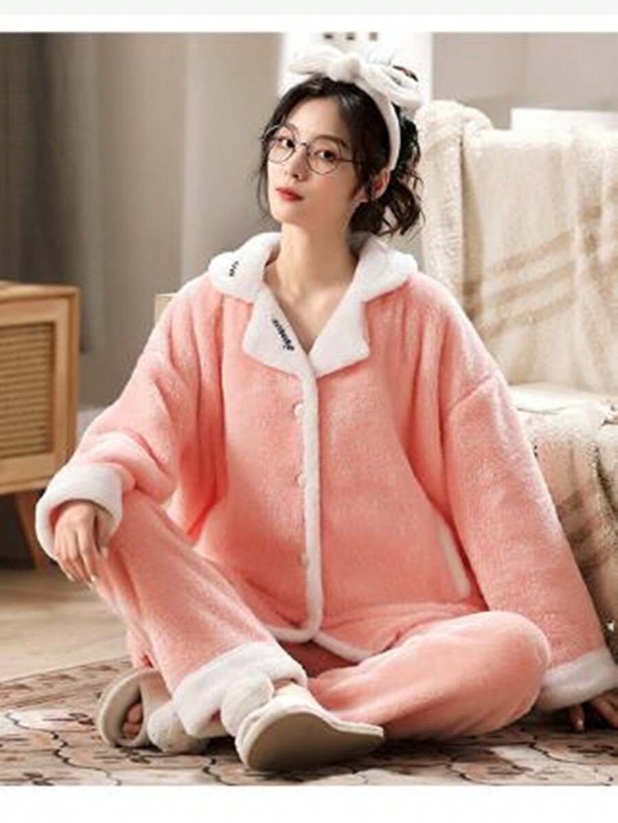 1件套女款法蘭絨睡衣,厚實珊瑚絨睡衣套裝,有衣領適用於秋冬季,可作外穿或家居服 - 粉色 - 查看 1