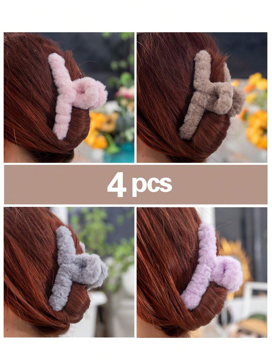 4 件各式各样的毛绒发夹，优雅休闲日常女士发夹 - 彩色 - 查看 1