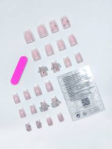 24 Piezas De Uñas Postizas Cuadradas Y Cortas De Estilo Francés Con Diseño En Forma De Mariposa Para Una Cita De Moda - Multicolor - Ver 3