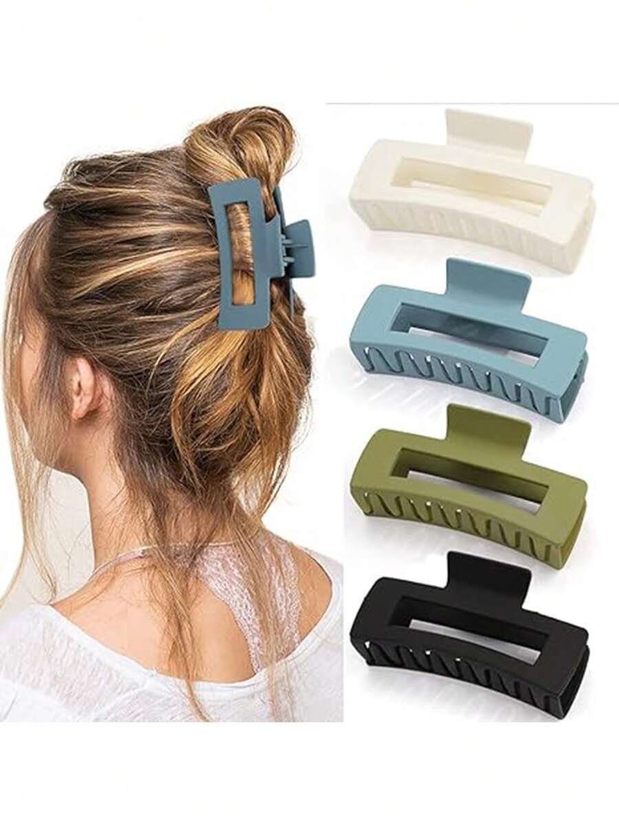 4入組女士霧面方形髮夾,帶有防滑大爪,適用於厚髮、中髮和薄髮
