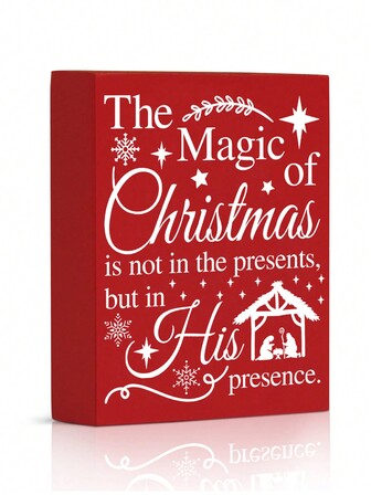 Putuo Decor 普陀裝飾品 1入組聖誕節紅色木盒招牌,聖誕節的魔力不在禮物中,而在於他的出現,裝飾書桌,適用於聖誕派對,農舍壁爐,4.7 X 5.8英寸禮物