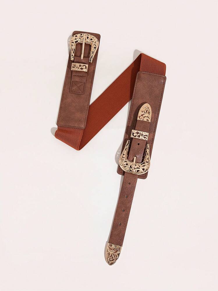 1pc Women's Vintage Hollow Out Double Buckle Elastic Waist Cinch Belt Boho Halloween Summer, School Fall, Autumn, Halloween - Brown - View 2