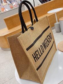 Lettered Linen Fashion Tote Bag - Khaki - View 3