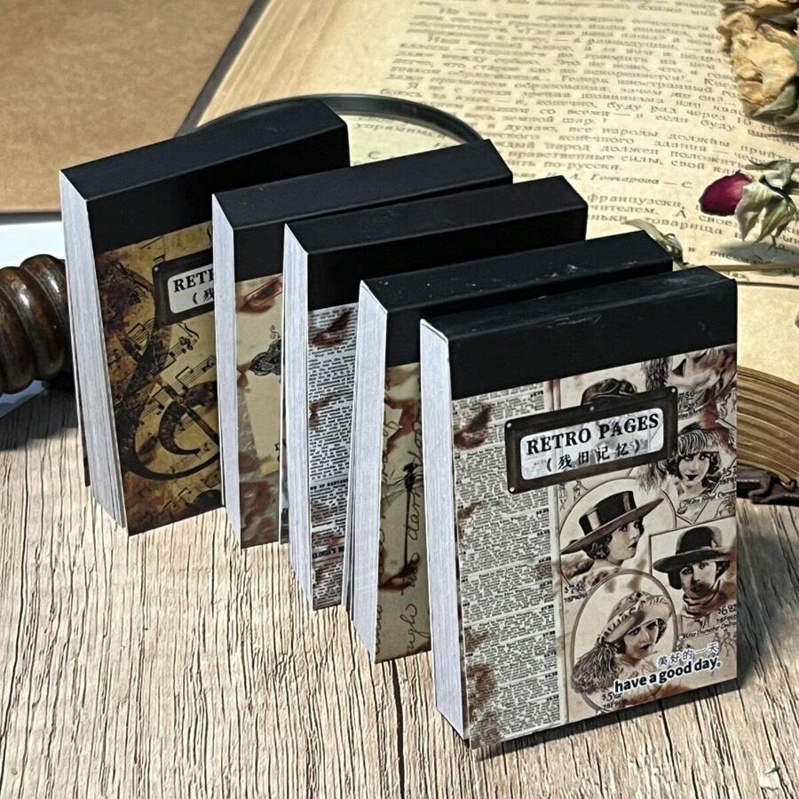 50張復古剪貼簿貼紙套裝,包含和紙、舊書頁、英文單詞、懷舊裝飾貼紙,用於製作日記、拼貼、剪貼簿 - 彩色 - 查看 1