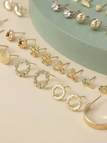 1 Set Of 30 Pairs Of Exquisite Metal Small Tree Shell Faux Pearl Love Gift Earrings Set For Women - Multicolor - View 3