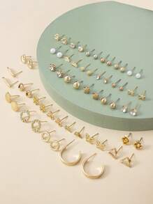 1 Set Of 30 Pairs Of Exquisite Metal Small Tree Shell Faux Pearl Love Gift Earrings Set For Women - Multicolor - View 2