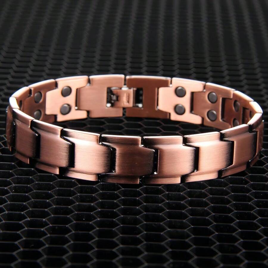 1pc Pure Copper Adjustable Link Bracelet With Double Row Magnets, Retro Style Jewelry Gift For Men - Bronze - View 1