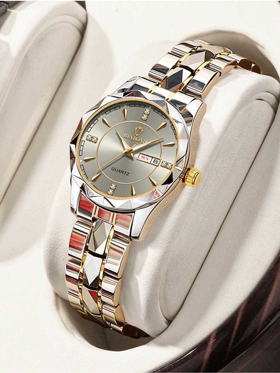 OLEVS. BINBOND 奢华女士金色石英表 高品质水钻女士石英表 防水日期显示 不锈钢商务正装日期水钻女士手表 - 灰色 - 查看 1