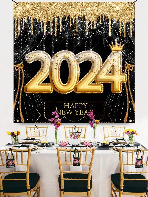 1pc 120*120cm Black Gold 2024 New Year Polyester Banner, Background Cloth Perfect Decoration New Year Party, 2023New Year's Eve Party Room Wall Decoration