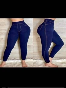 Leggins para Mujer Imitacion Mezclilla Afelpado Comprime Cintura - Azul Marino - Ver 1