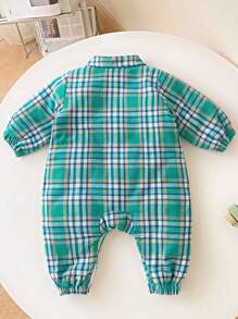 嬰兒男寶寶可愛格紋印花襯衫領加厚長袖連身衣,配保暖內襯,適用於秋冬季節 - 綠色 - 查看 2