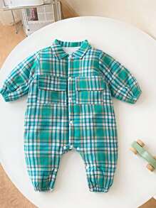 嬰兒男寶寶可愛格紋印花襯衫領加厚長袖連身衣,配保暖內襯,適用於秋冬季節 - 綠色 - 查看 1