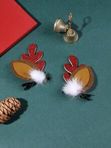 2入組女士紅色泡毛裝飾創意新奇毛絨球和閃粉馴鹿角夾,適用於聖誕節