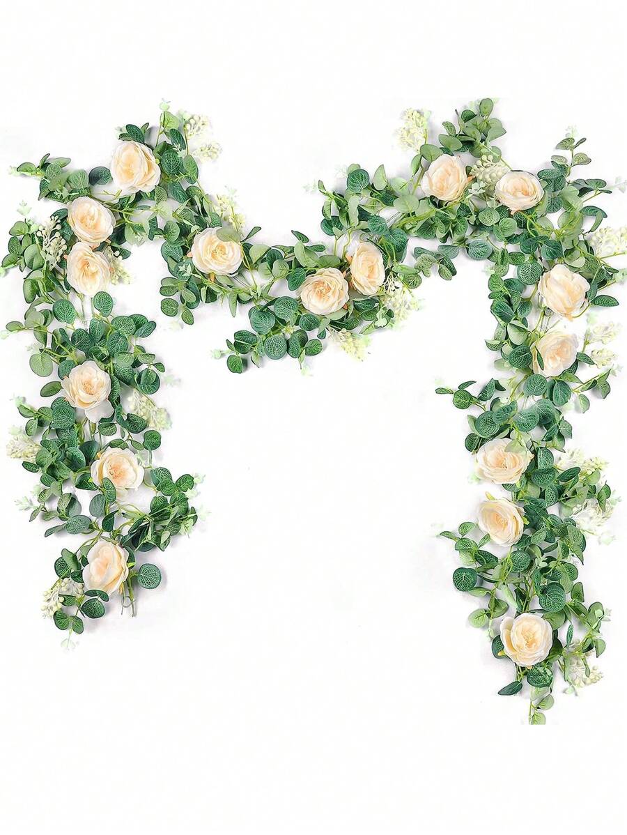 2 件,單一 5.9 英尺人造桉樹花環,帶有假玫瑰藤種子、桉樹葉、綠色花環、婚禮餐桌背景、派對中心裝飾