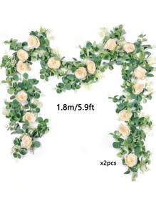 2 件,單一 5.9 英尺人造桉樹花環,帶有假玫瑰藤種子、桉樹葉、綠色花環、婚禮餐桌背景、派對中心裝飾