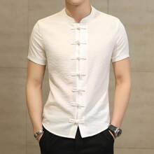 Mandarin Collar Solid Color Short Sleeve Shirt -Bruce Lee - White - View 1