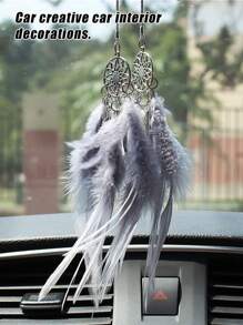 1件灰色仿羽毛后视镜挂饰，汽车装饰配件，可爱羽毛后视镜挂件，汽车礼品，波西米亚风格设计，复古工艺，汽车内饰配件 - 灰色 - 查看 3