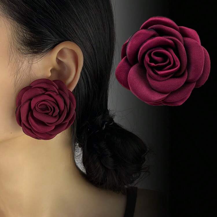Bohemia Fashion Fabric burgundy big Rose Flower Earrings For Women Kpop Earrings Party Jewelry Y2K Accessories SHEIN