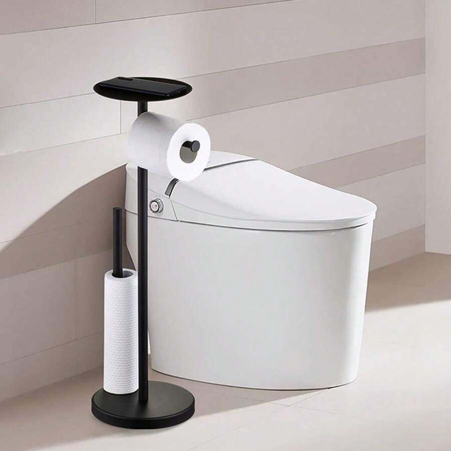 1 件不銹鋼黑色落地衛生紙架附架和托盤,無需鑽孔,適用於手機和紙巾盒