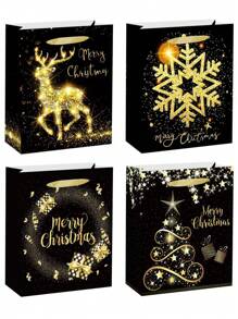 4 包黑金圣诞纸质礼品袋带手柄涂层纸圣诞包装零食袋适用于教室聚会礼品和节日、圣诞节 - 金色 - 查看 3