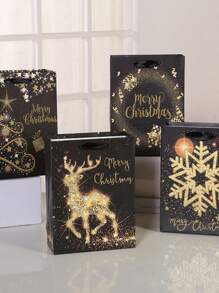 4 包黑金圣诞纸质礼品袋带手柄涂层纸圣诞包装零食袋适用于教室聚会礼品和节日、圣诞节 - 金色 - 查看 2