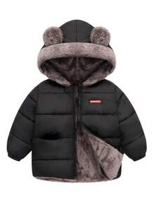 Young Boy Winter Warm Hooded Plush Jacket, Windproof And Thick, Soft And Comfortable, Can Be Worn On Both Sides, Cute Ear-Shaped Jacket, Black