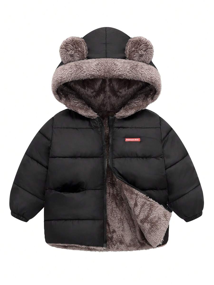 Young Boy Winter Warm Hooded Plush Jacket, Windproof And Thick, Soft And Comfortable, Can Be Worn On Both Sides, Cute Ear-Shaped Jacket, Black