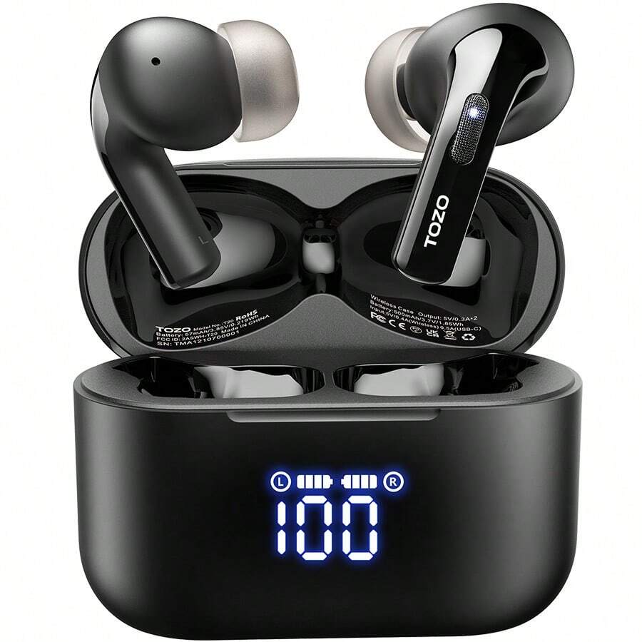 TOZO T20 Wireless Earbuds Bluetooth Headphones 48.5 Hrs Playtime With LED Digital Display, IPX8 Waterproof, Dual Mic Call Noise Cancelling 10mm Broad Range Speakers With Wireless Charging Case Black - 黑色 - 查看 1