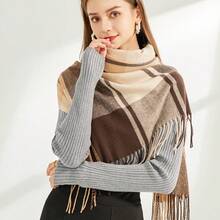 Khaki 1pc 2023 Autumn And Winter New Fashion Plaid Scarf For Women, Soft And Warm, Long, Vintage Style - Khaki - View 7