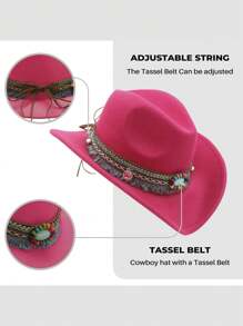 1pc Bohemian Western Style Fringed Warm Decoration Cowboy Hat For Kids Aged 3-8, Suitable For Parties And Daily Wear - Hot Pink - View 6