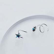 925 Sterling Silver And Fashionable Earrings, Wave Spring Design With Star-Shaped Blue Diamond Inlay - Silver - View 4