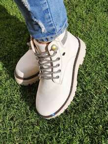 Botas Botines Moda Casual Urbano Agujetas Brillos - Beis - Ver 1