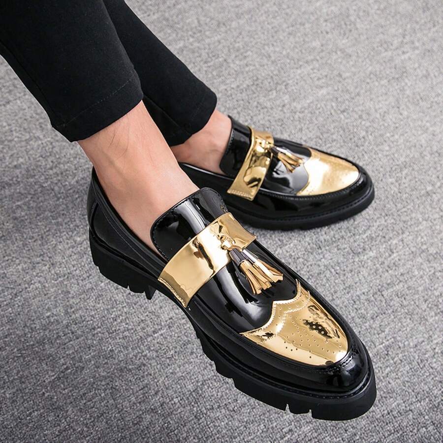 男士新款懶人鞋,雕花裝飾,商務場合和正式活動的休閒皮鞋,時尚流蘇設計,厚底增高,低幫軟底懶人鞋,柔軟皮革和舒適鞋底適用於休閒場合,舞會。萬用時尚鞋款,適用於婚禮、街頭穿搭,簡潔而專業的工作鞋 - 金色 - 查看 1