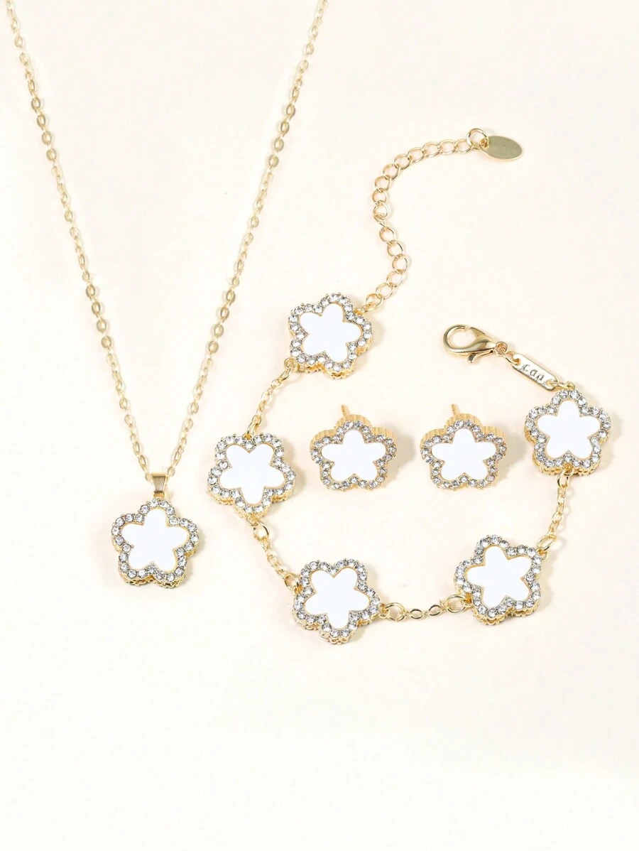 4入組花卉珠寶時尚女士萬用鎖骨鏈耳環手鍊珠寶套裝 - 白色 - 查看 1