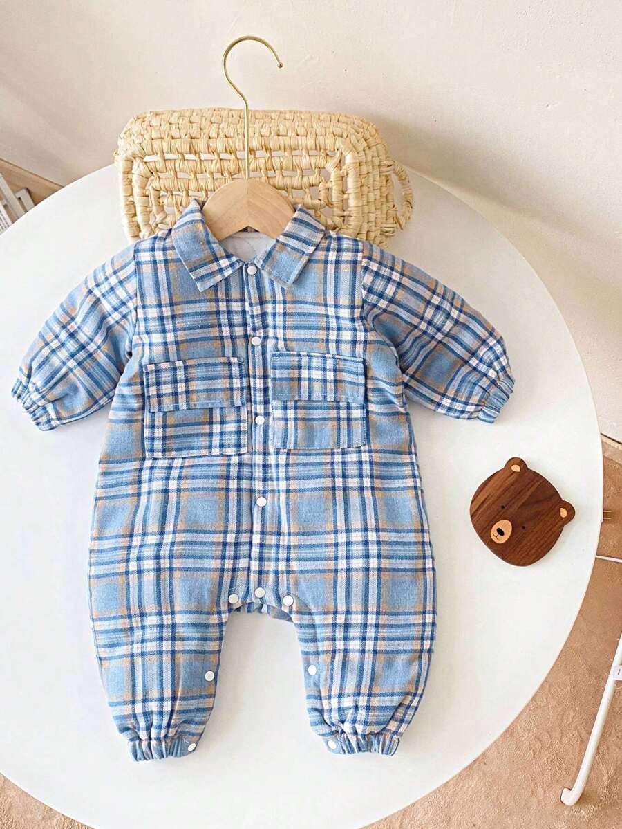 Body a quadri carino per neonati maschietti, con colletto, imbottito e termoreggolato, adatto per autunno e inverno - Blu - Visualizzare 1