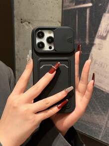 Slide Credit Card Slot Phone Case Compatible With Apple Waterproof Shockproof Anti-Fall Scratch Resistant - Black - View 1