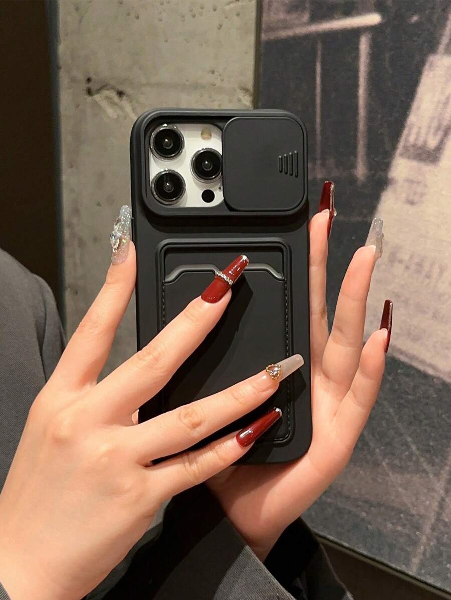 Slide Credit Card Slot Phone Case Compatible With Apple Waterproof Shockproof Anti-Fall Scratch Resistant - Black - View 1