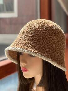 1pc Women's Color Block Plush Bucket Hat, Suitable For Daily Wear In Autumn And Winter - Khaki - View 2