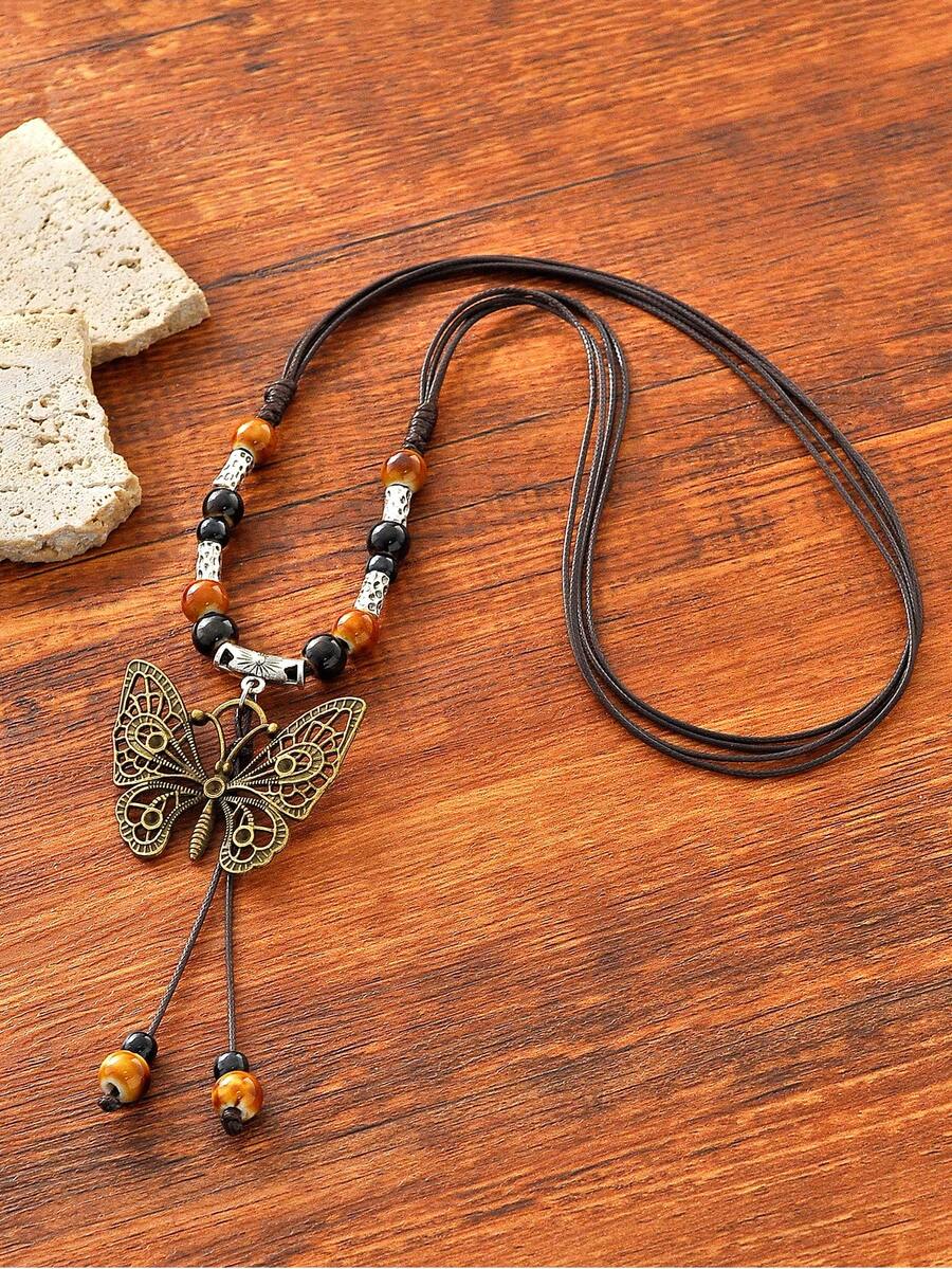 1 件時尚波西米亞風格鋅合金蝴蝶細節可調節手工串珠項鍊,適合女士派對、禮物、日常佩戴