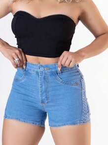 Women Denim Shorts - 淺色水洗藍 - 查看 3