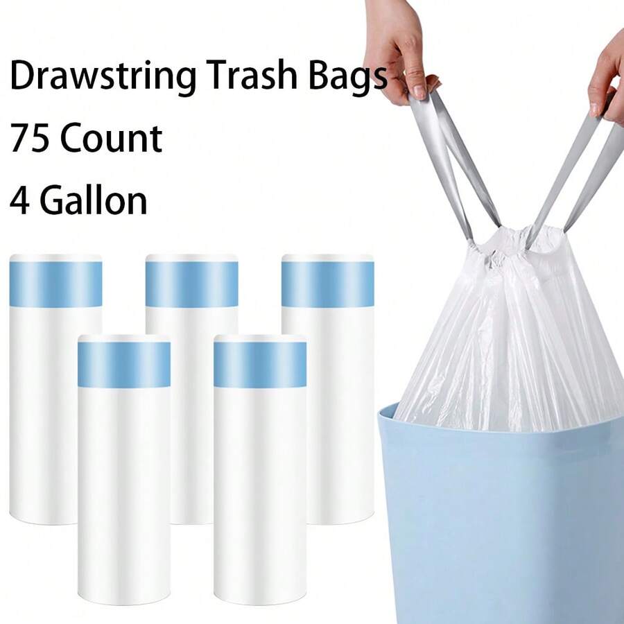 75pcs Drawstring Compostable Trash Bags, 4 Gallon Garbage Bags For Home Kitchen And Bathroom, And Unscented, White - White bag & blue drawstring - View 1